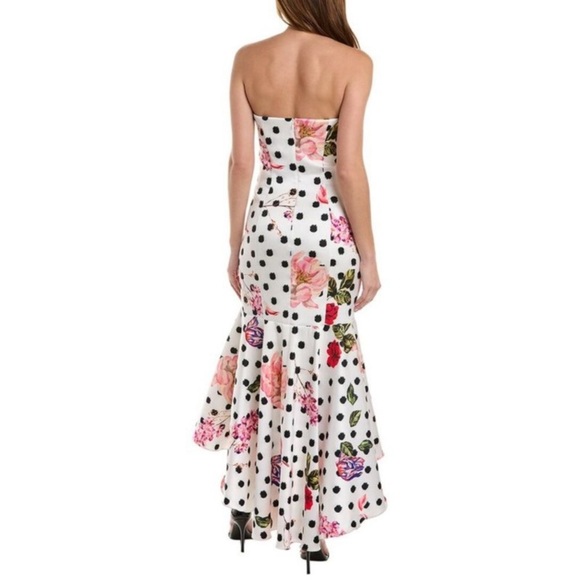 Marchesa Notte Strapless Black Polka Dot Gown Pink Floral - Picture 2 of 16